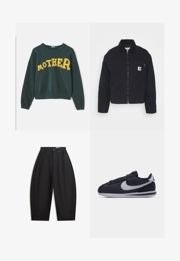 Giubbotto in denim nero con colletto in velluto a coste, zip frontale e tasca sul petto con zip dorata e una toppa con logo sul lato sinistro.; Mother THE DROP SQUARE - Felpa - dark green; Pantaloni neri a gamba larga realizzati in cotone, con vita alta, cinque tasche e chiusura con bottone in metallo. Tessuto morbido e senza motivi visibili.; Scarpa sportiva nera con accenti grigi, tomaia in sintetico liscio, suola testurizzata, punteggiante arrotondata e lacci piatti. Design classico con dettagli del logo.