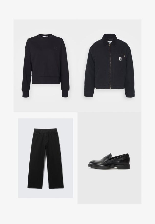 Svart denimjakke med kordfløyelskrage, glidelås foran og en brystlomme med gullglidelås og logo-lapp på venstre side.; Svart cropped sweatshirt med lange ermer, rund hals og ribbede mansjetter. Har et lite svart logo-patch på venstre bryst. Myk tekstur.; Sorte vide benbukser laget av denim, med et klassisk fem-lommers design og en strukturert linning med beltehemper.; Sorte skinnloafers med rund tå, sydd detaljer og lav blokkhelt. Glatt tekstur uten synlige mønstre eller detaljer.