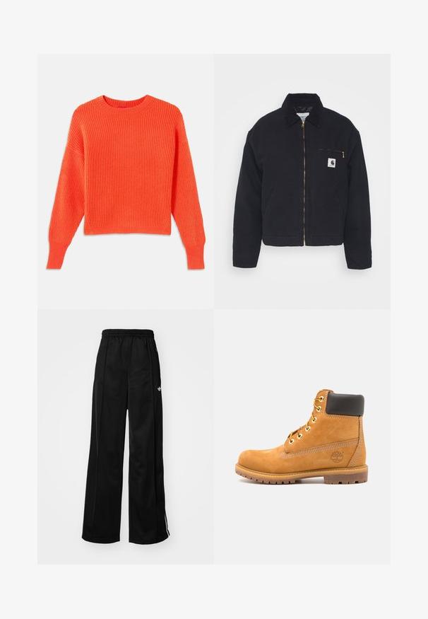 Mustast denim-jakk, millel on sametist krae, lukuga eesmine osa ja rinnatasku, millel on kuldne tõmblukk ja logo-patch vasakul kõrval.; Oranž ribast kootud sviiter, millel on ümar kaelus, madal õlavarrekoht ja lühike lõige. Tekstuuriga kangamuster ja külgmised lõhed hemmi ääres.; Mustad laiad spordipüksid elastse vöökohtaga, millel on valged külgtriibud ja väike logo vasakul puusal. Sile kangateksam.; Pruun nahkne pahkluu saabas mustade polsteritega, kuldsete silmadega ja tekstureeritud tallaga. Küljel on ringikujuline logo ja õmblusaktsendid.