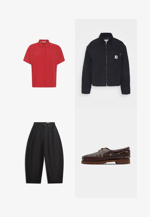 Zwart denim jack met een corduroy kraag, ritssluiting vooraan en een borstzak met een gouden rits en een logo patch aan de linkerkant.; Rode overhemd met korte mouwen, gemaakt van lichtgewicht stof, met een button-down kraag en een recht gesneden ontwerp. Soepele textuur zonder patronen.; Zwarte wijde broek gemaakt van katoen, met een hoge taille, vijf zakken en metalen knoopsluiting. Gladde textuur en geen zichtbare patronen.; Bruine leren bootsschoen met gouden oogjes, ronde veters en een gestructureerde bruine rubberen zool. Kenmerkt zich door gestikte details en een verhoogd logo.