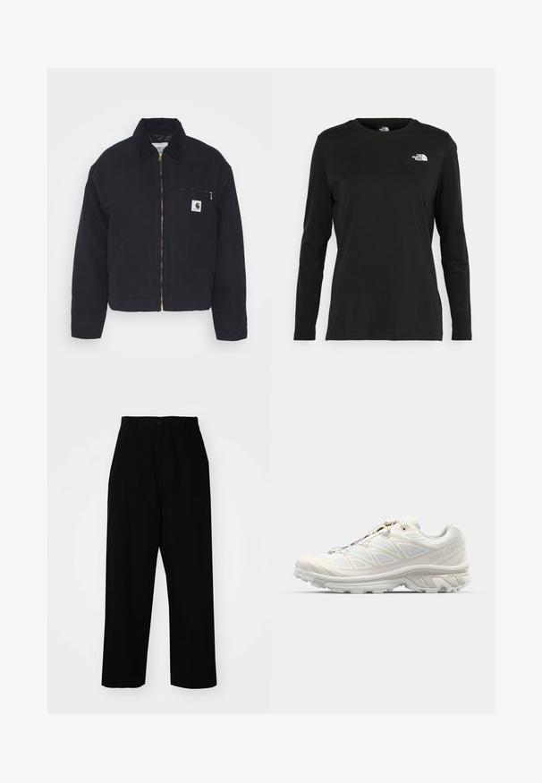 Černá denimová bunda s manšestrovým límcem, předním uzávěrem na zip a náprsní kapsou, která má zlatý zip a nášivku s logem na levé straně.; Černé tričko s dlouhým rukávem vyrobené z bavlny s kulatým výstřihem. Na levé části hrudi se nachází malé bílé logo. Jednoduchý design a střih.; Černé kalhoty vyrobené z odolné bavlněné tkaniny. Mají rovný střih, poutka na pásek, zapínání na knoflík a čistý lem.; Bílé běžecké boty s prodyšným síťovým svrškem, texturovanými detaily a polstrovanou podrážkou. Obsahují rychlou šněrovací systém pro snadné obutí.