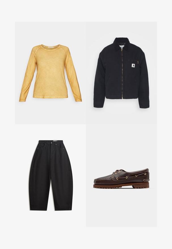 Black denim jacket with a corduroy collar, zip front, and a chest pocket featuring a gold zipper and a logo patch on the left side.; Yogasearcher BIONIKARA - Long sleeved top - curry; Black wide-leg trousers made from cotton, featuring a high waist, five pockets, and metal button closure. Smooth texture and no visible patterns.; Brown leather boat shoe with gold eyelets, round laces, and a textured brown rubber sole. Features stitched detailing and a raised logo.