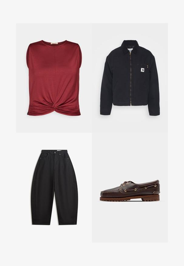 Black denim jacket with a corduroy collar, zip front, and a chest pocket featuring a gold zipper and a logo patch on the left side.; Maroon sleeveless top with a round neckline and twisted knot at the front. Made from soft material with a smooth texture.; Black wide-leg trousers made from cotton, featuring a high waist, five pockets, and metal button closure. Smooth texture and no visible patterns.; Brown leather boat shoe with gold eyelets, round laces, and a textured brown rubber sole. Features stitched detailing and a raised logo.