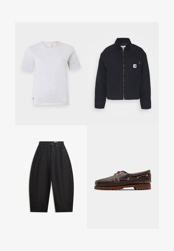 Crna traper jakna s žakard ovratnikom, zatvaranjem na patentni zatvarač sprijeda i džepom na prsima koji ima zlatni patentni zatvarač i logo zakrpu s lijeve strane.; Siva majica kratkih rukava izrađena od mekanog džerseja, s okruglim izrezom i malim logotipom na prsima. Jednostavan, minimalistički dizajn.; Crne široke hlače od pamuka, s visokim strukom, pet džepova i kopčanjem na metalnu dugmad. Glatka tekstura i bez vidljivih uzoraka.; Smeđe kožne čamce cipele s zlatnim okomitim rupicama, okruglim vezicama i teksturiranom smeđom gumiranom potplatom. Ima stišnjene detalje i uzdignuti logo.