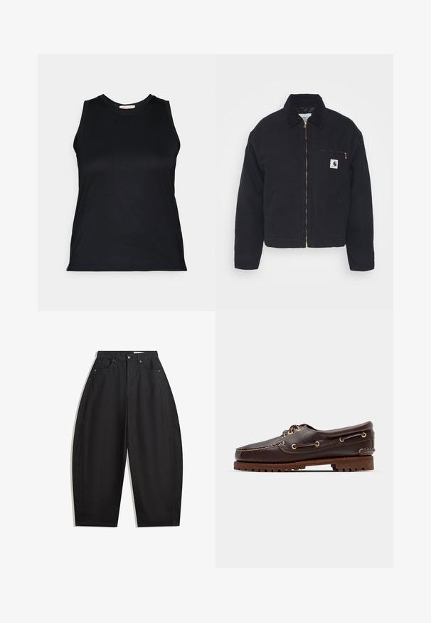 Fekete farmerdzseki kordbársonyos gallérral, cipzárral elöl, és egy mellzsebbel, amely aranycipzárral és logóval ellátott folttal rendelkezik a bal oldalon.; Fekete ujjatlan felső sima, rugalmas anyagból, kerek nyakkivágással és testhez álló fazonnal, tiszta vonalakkal és látható fém alkatrészek nélkül.; Fekete, bő szárú nadrág, pamutból készült, magas derékkal, öt zsebbel és fémből készült gombos zárással. Simább anyagú, látható minták nélkül.; Barna bőr csónakcipő arany fémlyukakkal, kerek fűzőkkel és texturált barna gumitalppal. Díszített varrásokkal és kiemelkedő logóval rendelkezik.