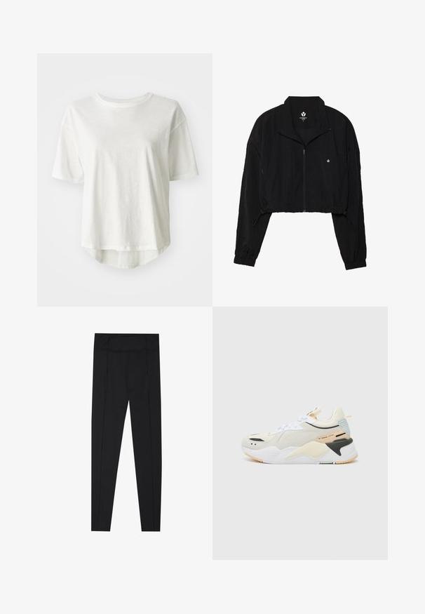 Jaqueta preta cropped com fecho de zip, colarinho alto e punhos elásticos. Feita de um tecido leve com um acabamento texturizado. Apresenta um pequeno logotipo.; T-shirt branco de manga curta, com decote redondo, material leve, bainha traseira ligeiramente mais longa, textura suave com um brilho subtil.; Leggings pretos com uma textura suave, cintura alta e detalhes de costura ao longo dos lados. Design ajustado, adequado para várias atividades.; Shoe atlético branco com uma combinação de materiais texturizados. Apresenta detalhes em amarelo pálido, acabamentos em preto e uma aba de calcanhar azul clara.