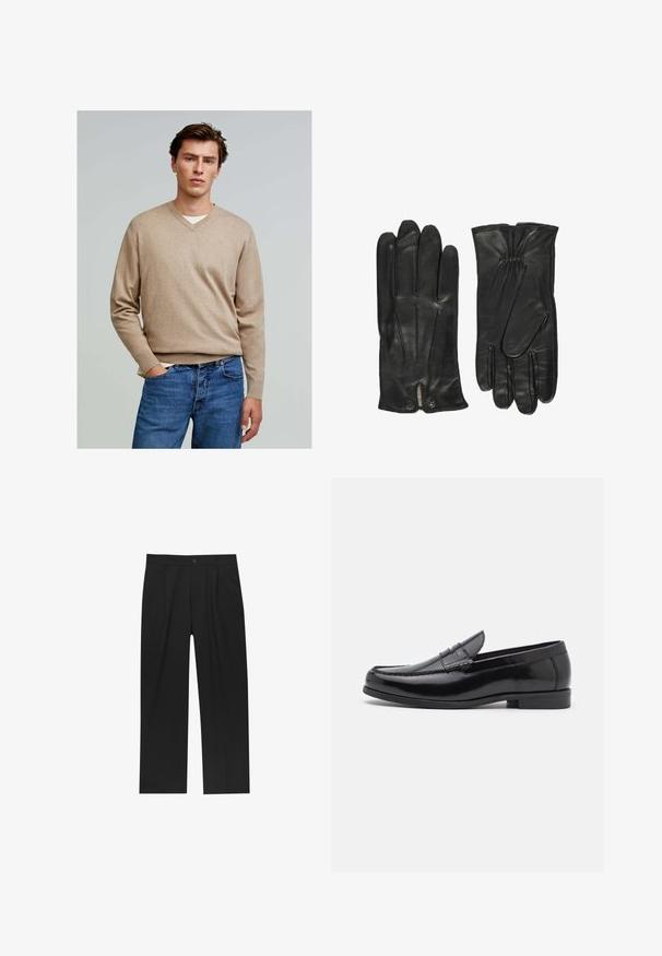 Brun uldkappe med store slag og dobbeltradede knapper over en grå rullekrave og en ternet vest; parret med grå bukser og sorte handsker.; Scalpers V NECK - Striktrøje - taupe; Sorte bukser med lige ben, lavet af et glat stof. Har frontfolder og en enkelt knaplukning i taljen.; Sorte læder loafers med rund tå, dekorativ syning og lav hæl. Glat tekstur med subtil glans. Klassisk design uden udsmykninger.; John Henric CLASSIC - Handsker - black