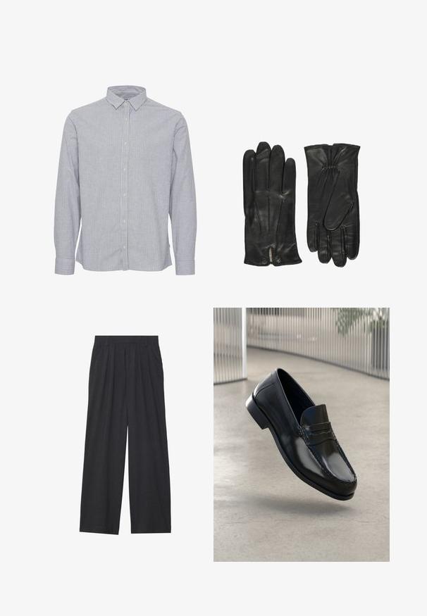 Brun uldkappe med store slag og dobbeltradede knapper over en grå rullekrave og en ternet vest; parret med grå bukser og sorte handsker.; Stribet skjorte i blå og hvid. Har krave, lange ærmer og en lige kant. Fremstillet af letvægtsstof med en glat overflade.; Vidder bukser lavet af mørkegrå stof. Har folder ved taljen, et skræddersyet design og en lige silhuet.; Sorte læder loafers med en glat finish, rundet tå, dekorative syninger og en let forhøjet ydersål.; John Henric CLASSIC - Handsker - black