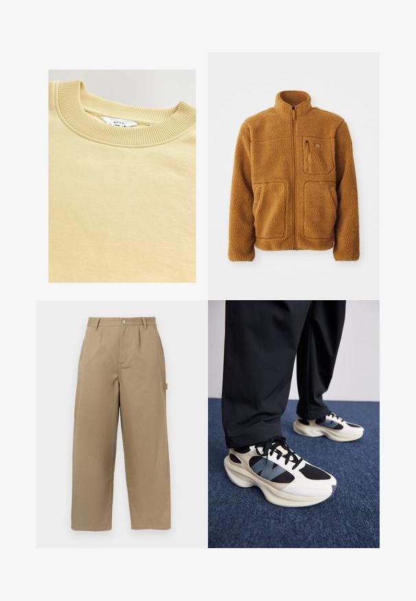 Giacca in pile di un caldo colore marrone, dotata di zip intera, colletto alto, due tasche frontali e una tasca sul petto con chiusura a zip.; Felpa color crema con collo a girocollo a costine. Tessuto morbido e superficie liscia, con un'etichetta "NEXT" all'interno.; Pantaloni larghi beige in misto cotone, con vita alta, pieghe frontali e due tasche laterali con chiusura a bottone.; Sneakers bianchi e neri con sovrapposizioni testurizzate e un accento blu, caratterizzati da una suola spessa e lacci neri, abbinati a pantaloni neri.