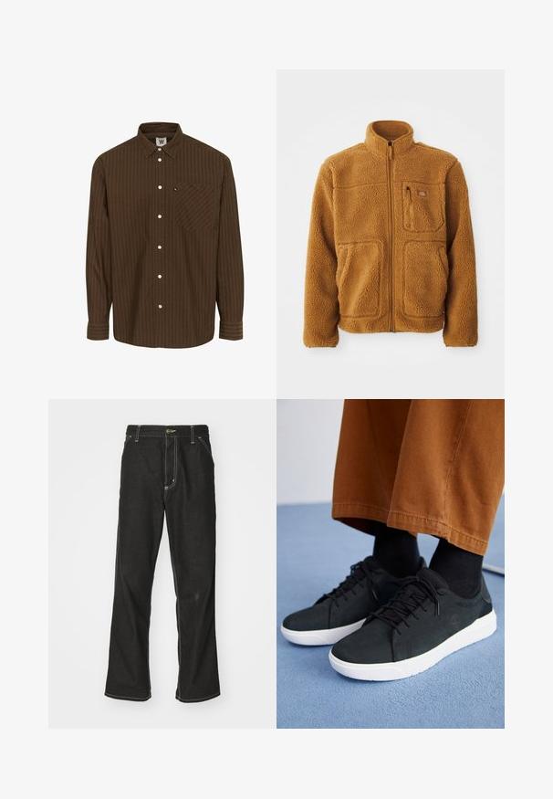 Fliisjakk soe pruun värv, millel on täispikk tõmblukk, kõrge krae, kaks esikotti ja rinnaosa kott tõmbluku sulgemisega.; Pruuniribaeline nööpidega särk, millel on krae, pikad varrukad ja rinnaehe; sisaldab valgeid nuppe ja tekstureeritud kangast.; Mustadest denimist püksid, lahtise lõikega, kontrastsete valgete õmblustega, nööbiga kinnitamine ja sirge säär.; Mustad suede spordijalatsid valge kummitaldaga, millel on paeltega kinnitamine, tekstuuriga aktsendid ja tagasihoidlik bränding, koos pruuni pükstega.