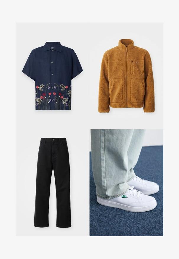 Fleecejacka i en varm brun färg med hel dragkedja, hög krage, två framfickor och en bröstficka med dragkedjestängning.; GAP Skjorta - blue; Svarta denimbyxor med rak passform, försedda med framfickor, dragkedja och en enda knapp i midjan. Strukturerad tyg med matt yta.; Vita lädersneakers med grön Nike-logga, rund tå, platt sula, kombinerade med ljusblå denimbyxor, visade på en blå matta.