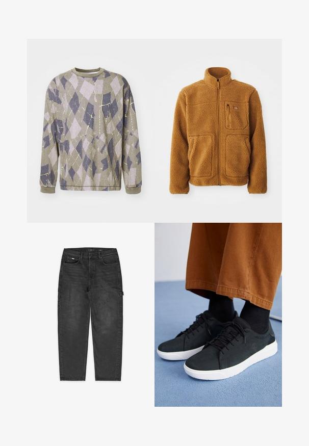 Fleecejakke i en varm brunfarge med hel glidelås, høy krage, to frontlommer, og en brystlomme med glidelåslukking.; Langermet genser i teksturert grått stoff med et geometrisk diamantmønster i lys lilla og marineblått, prydet med metallisk gulldetaljer.; Sorte denim cargo bukser med avslappet passform, synlige sømmer, front- og sidelommer, og en løkke på låret for verktøy.; Svarte semskede sneakers med hvite gummisåler, med snøring, teksturerte detaljer og subtil branding, sammen med brune bukser.