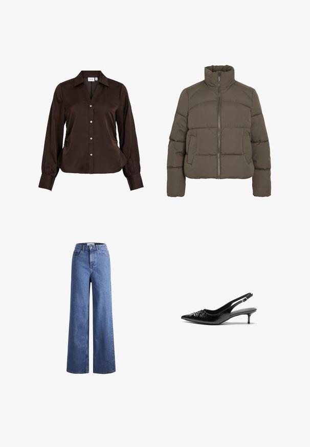 Puffer-jope tumerohelises oliivitoonis, varustatud kõrge kraega, ees oleva lukuga ja kahe küljetaskuga; kogu jope on tikandiga.; Tumedast pruunist V-kaelusega pika varrukaga kootud kampsun ribadega mansettide ja äärega, esitlemas seda lihtsal valgel taustal.; Pruun pika varrukaga pluus kraega kaelusega, ees nupuga ja külgedel kogustega. Sile, satiinitaoline kangas.; Heled sinise denimist laiad jalad, kõrgema talje ja kahe eesmise taskuga, nähtavate õmblustega. Omab nuppu ja luku sulgemist.; Musthave nahkased kõrged kontsad, millel on terav varvas, väike kitten-kont ja dekoratiivne sõlm ees. Ühtlane sile tekstuur.