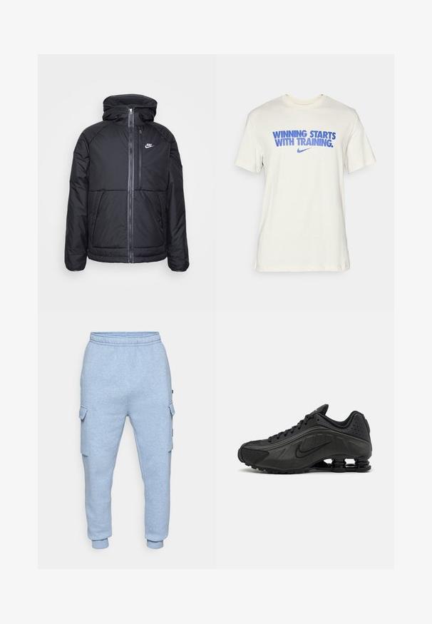 Crna puf jakna s kapuljačom, koja ima puni prednji zip, elastične manžetne i Nike logo na gornjoj lijevoj strani. Glatka tekstura.; Pamučna majica boje kreme s plavim natpisom "POBJEĐIVANJE ZAPOČINJE TRENINGOM" i logom Nike potpisom ispod.; Svijetloplave flis cargo jogger hlače s elastičnim pojasom, bočnim džepovima s preklopom i rukavima na bijeloj pozadini.; Crne trkačke cipele s glatkim sintetičkim gornjim dijelom, perforiranim detaljima, teksturiranim bočnim panelima i karakterističnim elastičnim potplatom.