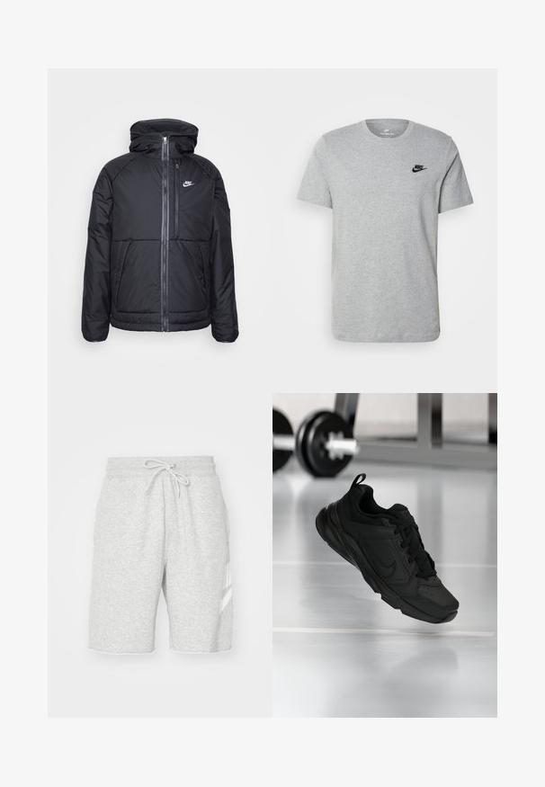 Črna napihljiva jakna s kapuco, z zadrgo po celotni sprednji strani, elastičnimi manšetami in logotipom Nike na zgornji levi strani. Gladka tekstura.; Siv majica s kratkimi rokavi iz bombaža, ki ima črni Nike logotip na prsih in okroglo ovratnico. Minimalističen dizajn brez vzorcev.; Moške sivi trenirke iz mehkega bombaža, z elastičnim pasom in vrvico, stranskimi žepi ter detajlom belega logotipa.; Črne športne čevlje z gladkim usnjem na vrhu, okroglo konico, vezalkami spredaj in oblazinjenim ovratnikom za udobje. Prikazani v telovadnici.
