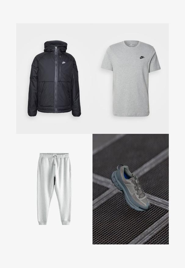 Crna puf jakna s kapuljačom, koja ima puni prednji zip, elastične manžetne i Nike logo na gornjoj lijevoj strani. Glatka tekstura.; Siva kratka majica s kratkim rukavima od pamuka, s crnim Nike logotipom na prsima i okruglim izrezom. Minimalistički dizajn bez uzoraka.; Sive trenerke s kaišem za podešavanje u struku, dva bočna džepa i uskim nogavicama, izrađene od mekanog, teksturiranog materijala.; Bež i sivi sportski tenisice s teksturiranim mrežastim gornjim dijelom, zaobljenim vrhom i gumenom potplatom, s vezicama i podstavljenim ovratnikom.