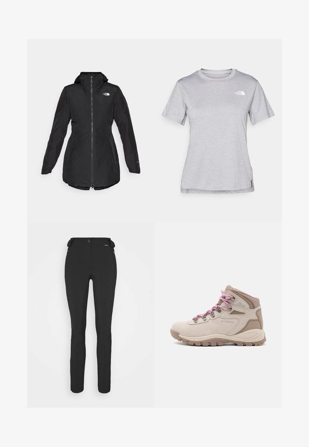 Mustat vedenpitävät takki, jossa on huppu, etuvetoketju, sivutaskut ja elastiset hihat. Rinnassa logo ja hieman kaareva helma.; Harmaa lyhythihainen t-paita, joka on valmistettu pehmeästä, kosteutta siirtävästä kankaasta. Siinä on pyöreä kaula-aukko ja pieni valkoinen logo vasemmassa yläkulmassa.; Mustat, slim fit -housut, jotka on valmistettu joustavasta materiaalista. Ominaisuuksiin kuuluu vetoketjullinen sivutasku, muotoillut polvet ja sileä pinta.; Vaaleanbeige vaelluskengät, joissa on pinkit nauhat, nukka- ja synteettinen yläosa, puolikorkea muotoilu, kumipohja, jossa on pitokuvioita, ja pehmustettu nilkkaosa.
