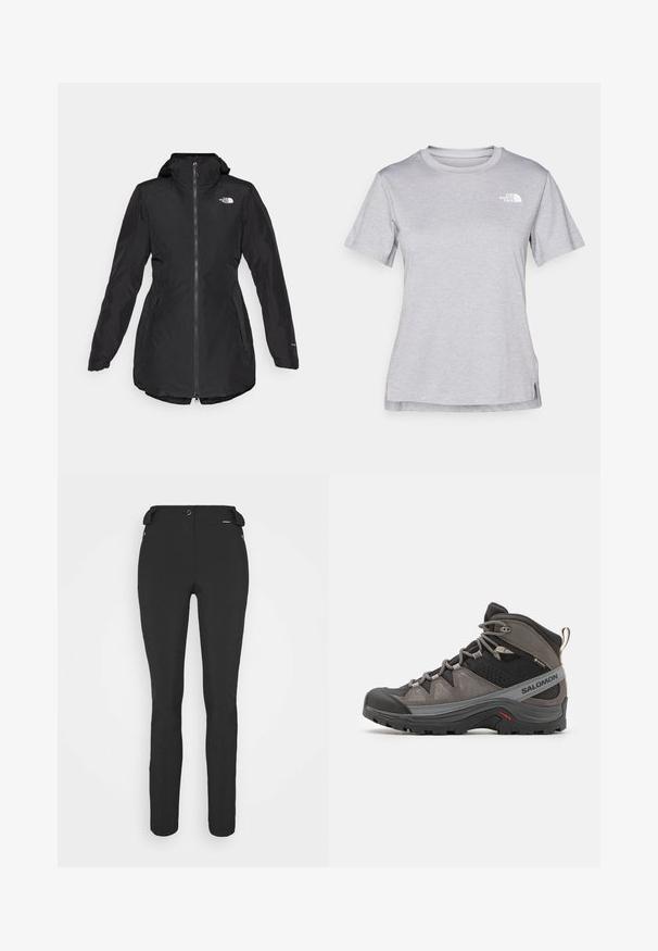 Black waterproof jacket with a hood, front zipper, side pockets, and elastic cuffs. Features logo on the chest and a slightly curved hem.; Grey short-sleeve t-shirt made of soft, moisture-wicking fabric. Features a crew neck and a small white logo on the upper left.; Black, fitted pants made from a flexible material. Features include a zippered side pocket, articulated knees, and a smooth texture.; Gray and black mid-height hiking boot with thick tread, patterned laces, "Salomon" logo, and Gore-Tex label, shown from the outer side.