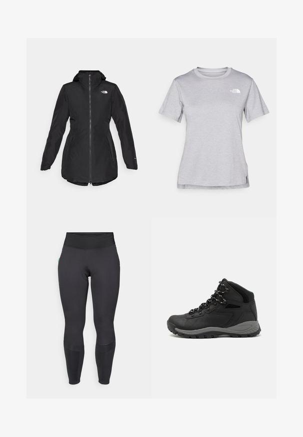 Černá voděodolná bunda s kapucí, předním zipem, bočními kapsami a elastickými manžetami. Na hrudi je umístěno logo a má mírně zakřivený lem.; Šedé tričko s krátkým rukávem vyrobené z měkké, vlhkosti odvádějící tkaniny. Obsahuje kulatý výstřih a malé bílé logo na levém horním rukávu.; Černé legíny s vysokým pasem, vyrobené z elastického materiálu. Mají hladký povrch, panely na kolenou a minimální branding.; Černé turistické boty s mírně vyšším střihem, které mají texturovaný svršek, šedé detaily a odolnou gumovou podrážku s trakčními výstupky.