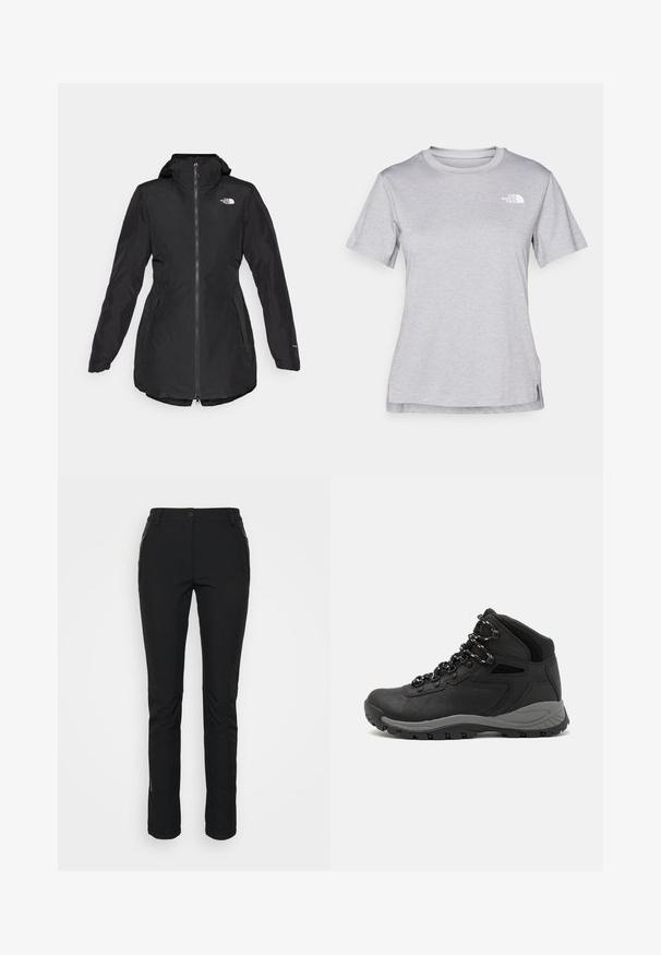 Czarna wodoodporna kurtka z kapturem, z zamkiem z przodu, bocznymi kieszeniami i elastycznymi mankietami. Posiada logo na piersi i lekko zaokrąglony dół.; Szara, krótkozasięgowa koszulka wykonana z miękkiego, odprowadzającego wilgoć materiału. Posiada okrągły dekolt oraz małe białe logo w górnym lewym rogu.; Czarne, elastyczne, wodoodporne spodnie o slim fit. Posiadają dwie boczne kieszenie na zamek i wzmocnione strefy na kolanach. Gładka tekstura.; Czarne buty trekkingowe z średnim cholewem, z teksturowaną cholewą, szarymi akcentami oraz trwałą gumową podeszwą z wypustkami zapewniającymi przyczepność.