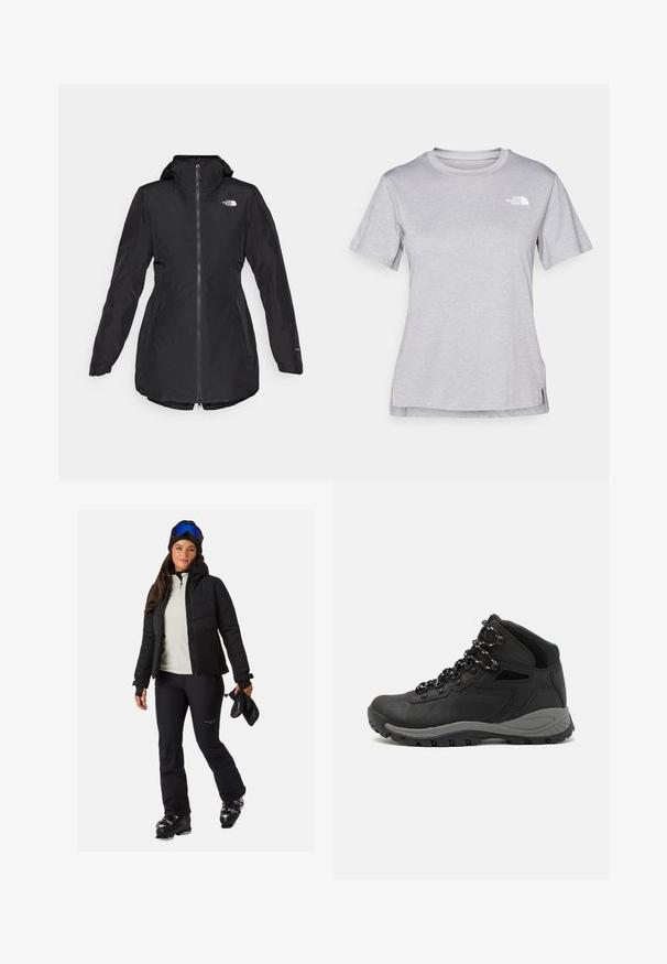 Schwarze wasserdichte Jacke mit Kapuze, frontalem Reißverschluss, Seitentaschen und elastischen Bündchen. Mit Logo auf der Brust und einem leicht abgerundeten Saum.; Graues T-Shirt mit kurzen Ärmeln aus weichem, feuchtigkeitsableitendem Stoff. Hat einen Rundhalsausschnitt und ein kleines weißes Logo auf der oberen linken Seite.; Schwarze Pufferjacke, hellfarbige Zip-Up-Jacke, schwarze Skihosen, schwarze Skistiefel, trägt Skihandschuhe, trägt eine Mütze und eine Skibrille.; Schwarzer Wanderstiefel mit einem mittelhohen Design, ausgestattet mit einer strukturierten Oberfläche, grauen Akzenten und einer robusten Gummisohle mit Profilstollen.