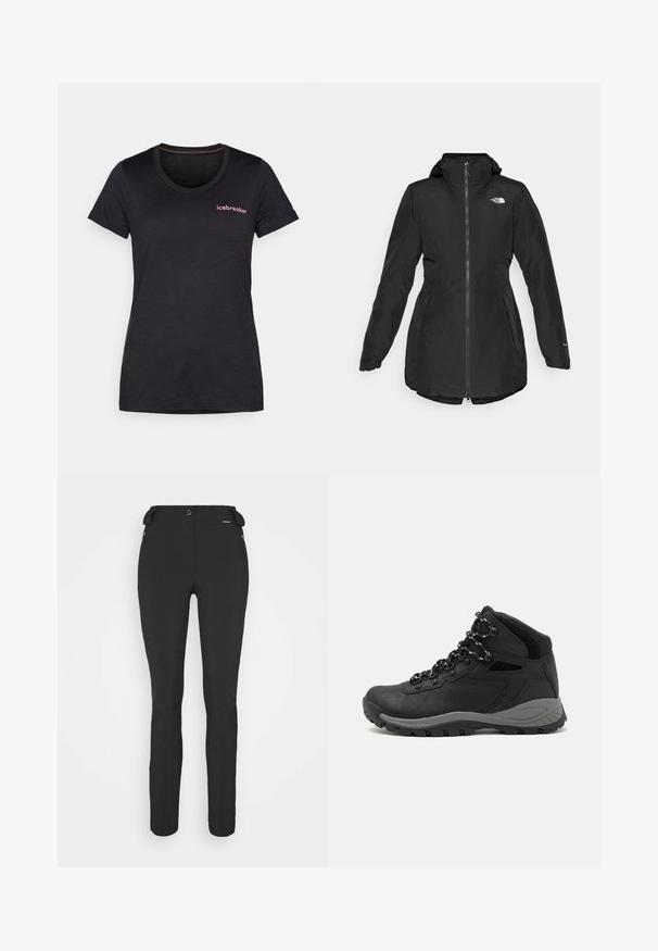 Mustat vedenpitävät takki, jossa on huppu, etuvetoketju, sivutaskut ja elastiset hihat. Rinnassa logo ja hieman kaareva helma.; Mustat t-paita, jossa on lyhyet hihat, pyöreä kaula-aukko ja sileä pinta. Edessä on pieni vaaleanpunainen "icebreaker"-logo.; Mustat, slim fit -housut, jotka on valmistettu joustavasta materiaalista. Ominaisuuksiin kuuluu vetoketjullinen sivutasku, muotoillut polvet ja sileä pinta.; Musta vaelluskenkä, jossa on puolivartinen muotoilu, jolle on ominaista teksturoitu päällinen, harmaat yksityiskohdat ja kestävä kumipohja, jossa on pitoita lisääviä lukuja.