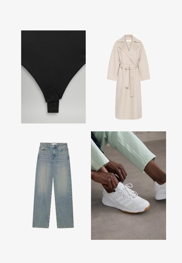 Beige kabát z vlněné směsi s klopovým límcem, opaskem v pase a širokými rukávy. Vyznačuje se čistým designem a středně dlouhým lemem. Texturovaný povrch.; Massimo Dutti RIBBED CREW NECK - Svetr - LIGHT BROWN; Černý body s hladkým povrchem, s výstřihem ve tvaru V a detailním zapínáním na patentky ve spodní části. Jednoduchý, minimalistický design.; Světlé modré džíny s vysokým pasem a rovnými nohavicemi, vybavené předními kapsami, poutky na pásek a viditelným zapínáním na knoflík a zip.; Bílé atletické boty s textilním svrškem, gumovou podrážkou a designem tří pruhů. Šňůrky se právě upravují; viditelné jsou světlé šedé a mátově zelené oblečení.
