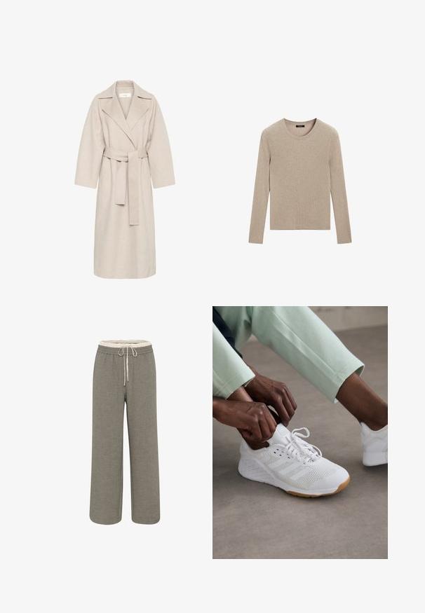 Beige kabát z vlněné směsi s klopovým límcem, opaskem v pase a širokými rukávy. Vyznačuje se čistým designem a středně dlouhým lemem. Texturovaný povrch.; Massimo Dutti RIBBED CREW NECK - Svetr - LIGHT BROWN; Kalhoty s širokými nohavicemi ve světle šedé látce. Elastický pas s tkaničkou. Texturovaný povrch, bez viditelných vzorů nebo akcentů.; Bílé atletické boty s textilním svrškem, gumovou podrážkou a designem tří pruhů. Šňůrky se právě upravují; viditelné jsou světlé šedé a mátově zelené oblečení.