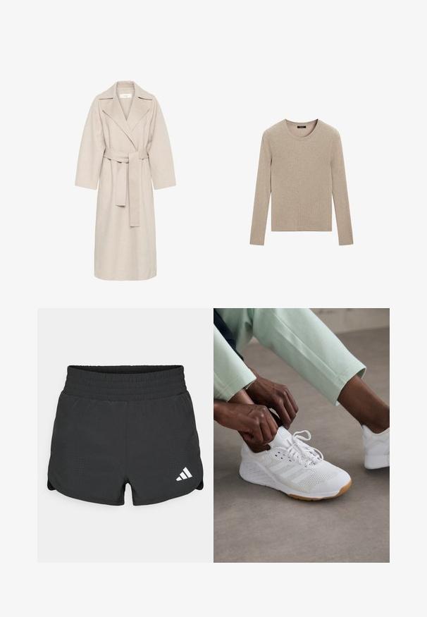 Beige kabát z vlněné směsi s klopovým límcem, opaskem v pase a širokými rukávy. Vyznačuje se čistým designem a středně dlouhým lemem. Texturovaný povrch.; Massimo Dutti RIBBED CREW NECK - Svetr - LIGHT BROWN; Černé sportovní šortky s pružným pasem, s perforovanými detaily a bílým logem Adidas na dolním levém rohu.; Bílé atletické boty s textilním svrškem, gumovou podrážkou a designem tří pruhů. Šňůrky se právě upravují; viditelné jsou světlé šedé a mátově zelené oblečení.
