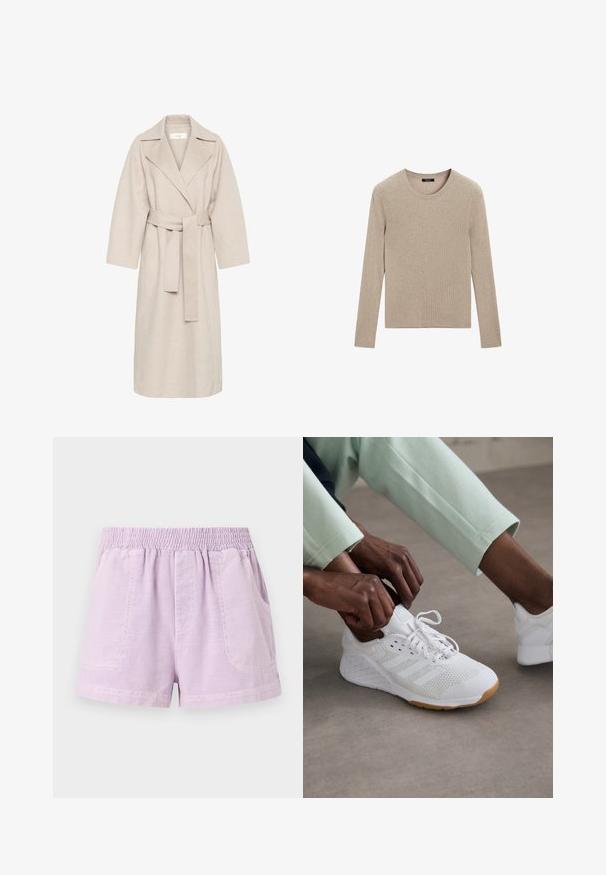 Beżowy płaszcz z mieszanki wełny z wyłogowym kołnierzem, paskiem w talii i szerokimi rękawami. Charakteryzuje się czystą bryłą i długością do połowy uda. Teksturowana powierzchnia.; Massimo Dutti - Sweter; Liliowe szorty wykonane z lekkiego materiału z elastycznym paskiem w talii, z dwoma przednimi kieszeniami i luźnym krojem.; Białe buty sportowe z siateczkową cholewką, gumową podeszwą i wzorem w trzy paski. Sznurowadła są regulowane; widoczne jasnoszare i miętowe ubrania.