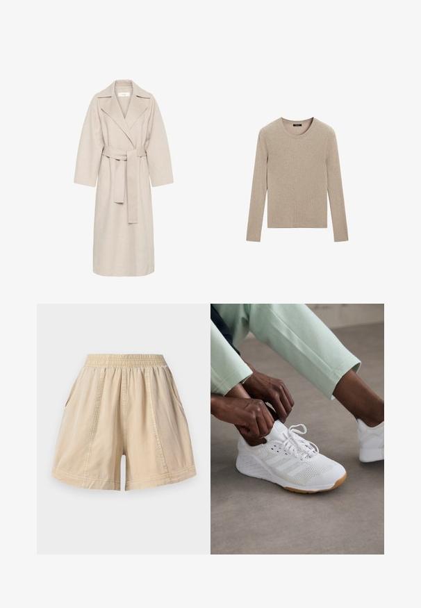 Beige wollen mengstof jas met een gekarteld kraag, een ceintuur in de taille en brede mouwen. Heeft een strak design en een middellange zoom. Gestructureerd oppervlak.; Massimo Dutti RIBBED CREW NECK - Trui - LIGHT BROWN; Beige elastische taille shorts met zijzakken en zichtbare naden, gemaakt van lichte stof.; Witte sportieve schoen met een mesh bovenkant, rubberen zool en een design met drie strepen. Veters worden versteld; lichtgrijze en mintgroene kleding zichtbaar.
