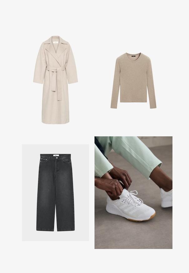 Beige kabát z vlněné směsi s klopovým límcem, opaskem v pase a širokými rukávy. Vyznačuje se čistým designem a středně dlouhým lemem. Texturovaný povrch.; Massimo Dutti RIBBED CREW NECK - Svetr - LIGHT BROWN; Černé široké džíny s vysokým pasem, předními kapsami a zapínáním na knoflík. Mají stahovací pas a hladkou texturu.; Bílé atletické boty s textilním svrškem, gumovou podrážkou a designem tří pruhů. Šňůrky se právě upravují; viditelné jsou světlé šedé a mátově zelené oblečení.