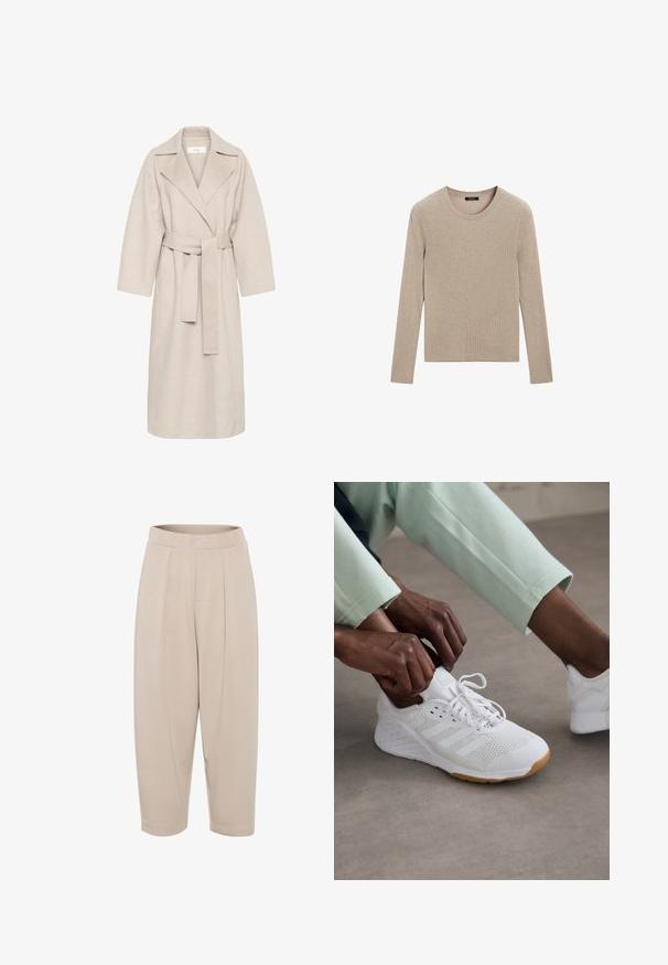 Beige ullblandad kappa med notched krage, bälte i midjan och vida ärmar. Har en ren design och medellång nederkant. Texturerad yta.; Massimo Dutti RIBBED CREW NECK - Stickad tröja - LIGHT BROWN; Beiga, medellånga byxor i mjukt tyg. Har en bred midja, framfållar och avsmalnande ben med uppvikt fåll.; Vit sportskor med ovandel i mesh, gummisula och tre-radigt mönster. Skosnören justeras; ljusgrå och mintgrön klädsel synlig.