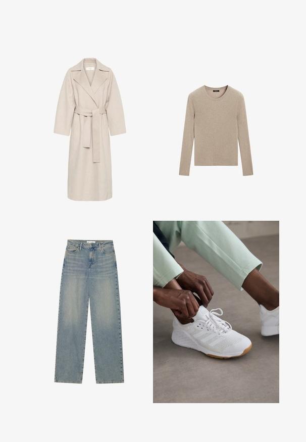 Beige kabát z vlněné směsi s klopovým límcem, opaskem v pase a širokými rukávy. Vyznačuje se čistým designem a středně dlouhým lemem. Texturovaný povrch.; Massimo Dutti RIBBED CREW NECK - Svetr - LIGHT BROWN; Světlé modré džíny s vysokým pasem a rovnými nohavicemi, vybavené předními kapsami, poutky na pásek a viditelným zapínáním na knoflík a zip.; Bílé atletické boty s textilním svrškem, gumovou podrážkou a designem tří pruhů. Šňůrky se právě upravují; viditelné jsou světlé šedé a mátově zelené oblečení.