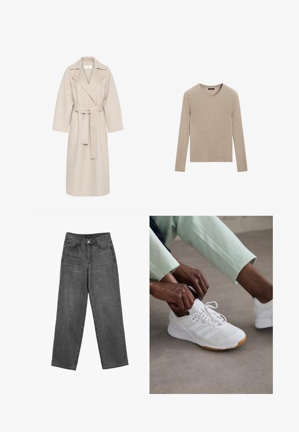 Beige kabát z vlněné směsi s klopovým límcem, opaskem v pase a širokými rukávy. Vyznačuje se čistým designem a středně dlouhým lemem. Texturovaný povrch.; Massimo Dutti RIBBED CREW NECK - Svetr - LIGHT BROWN; Černé džíny s vysokým pasem a rovnými nohavicemi, s předním zapínáním na knoflík a kapsami, vystavené na bílém pozadí.; Bílé atletické boty s textilním svrškem, gumovou podrážkou a designem tří pruhů. Šňůrky se právě upravují; viditelné jsou světlé šedé a mátově zelené oblečení.