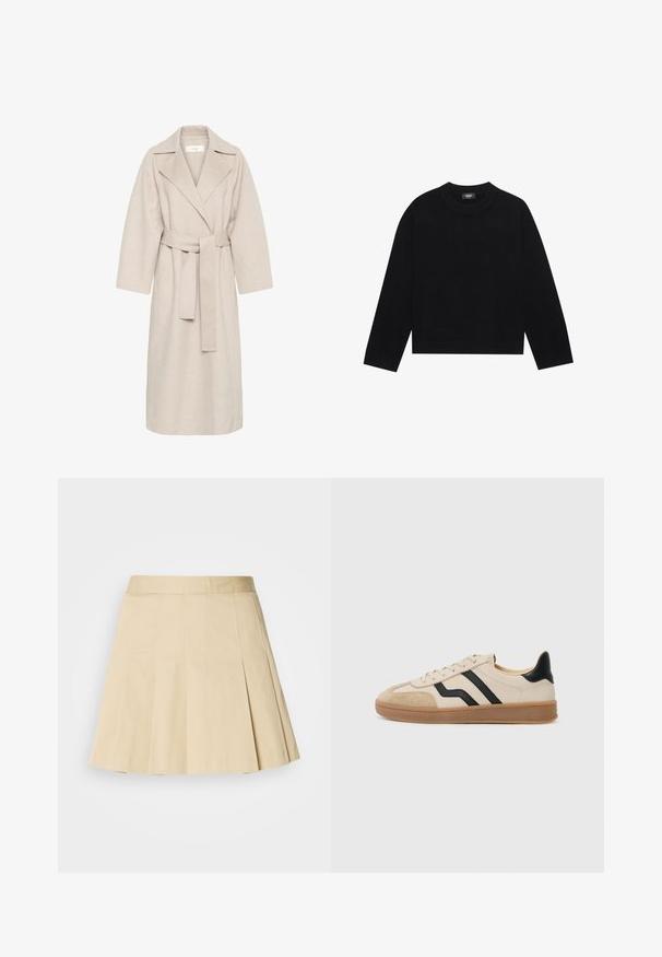 Bežový kabát z vlnenej zmesi s vykrojeným golierom, opaskom v páse a širokými rukávmi. Má jednoduchý dizajn a stredne dlhý lem. Textúrovaný povrch.; Čierny sveter s okrúhlym výstrihom a dlhými rukávmi, s rebrovanými manžetami a spodným okrajom, vyrobený z mäkkého materiálu. Jednoduchý, čistý dizajn bez vzorov alebo akcentov.; Plisovaná sukňa z ľahkej béžovej bavlny, so širokým pásom a štyrmi vertikálnymi švami vpredu. Spodný okraj je mierne rozšírený pre lepší pohyb.; Béžová teniska s čiernymi pruhmi, zamšové akcenty na špičke a päte, textúrovaná gumová podrážka a ploché šnúrky. Minimalistický dizajn a neutrálné farby.