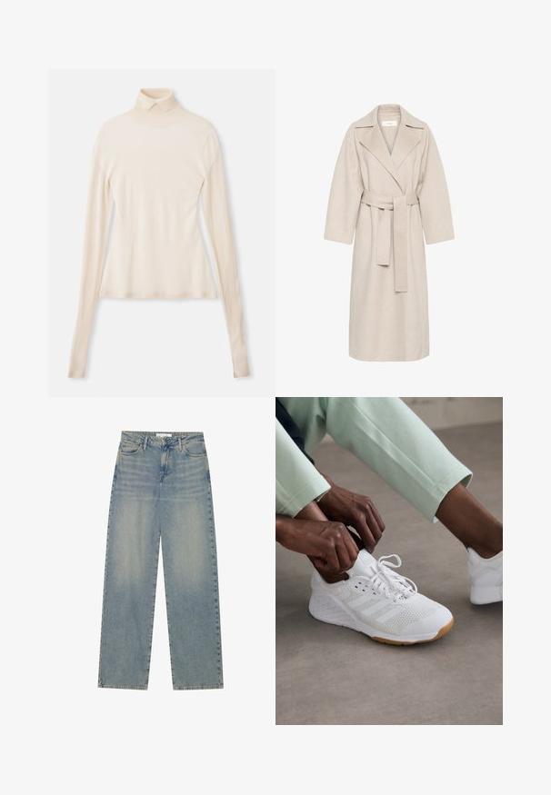 Beige gyapjú keverék kabát, kitüntetett gallérral, övvel ellátott derékkal és széles ujjakkal. Tiszta dizájn és közepes hosszúságú szegély jellemzi. Texturált felület.; Krém színű garbó pulóver puha, sima anyagból, hosszú ujjakkal, testhezálló sziluettel és enyhe rugalmassággal a kényelem érdekében.; Világoskék, magas derekú, egyenes szárú denim farmernadrág elülső zsebekkel, övhurkokkal, valamint látható gomb- és cipzárzárral.; Fehér sportcipő hálós felsőrésszel, gumitalppal és három csíkkal. A fűzők állítva vannak; világosszürke és mentazöld ruházat látható.