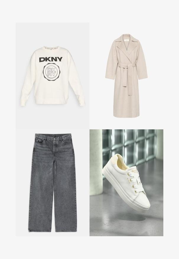 Beige gyapjú keverék kabát, kitüntetett gallérral, övvel ellátott derékkal és széles ujjakkal. Tiszta dizájn és közepes hosszúságú szegély jellemzi. Texturált felület.; Fehér pulóver fekete DKNY logóval, félkövér betűtípussal és köralakú dizájnnal. Bordázott mandzsettával és aljjal rendelkezik, valamint puha, texturált anyagból készült.; Sötét szürke denim széles szárú farmer. Magas derekú, öt zsebes kialakítással és elöl gombos záródással rendelkezik. Simább textúrájú, enyhe kopással.; Fehér bőr sportcipők sima textúrával, kerek orral és lapos talppal. Arany kiegészítőkkel és fehér fűzőkkel rendelkezik a biztonságos rögzítés érdekében.