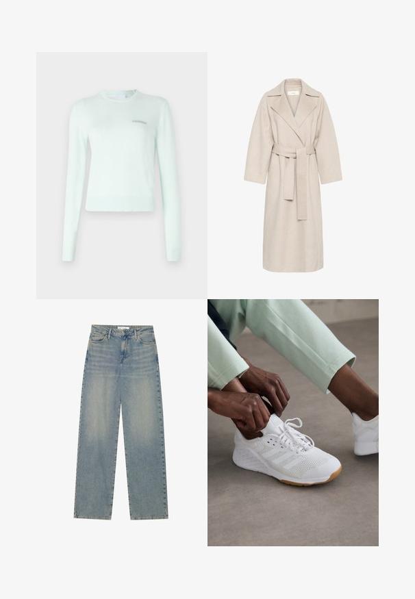 Bežinis vilnos mišinio paltas su įpjautu apykakle, diržu aplink liemenį ir plačiomis rankovėmis. Turi švarų dizainą ir vidutinio ilgio hemą. Textūruotas paviršius.; Mėtų žalios spalvos megztinis, pagamintas iš minkštos medžiagos, su ilgomis rankovėmis, raukšlėtu kaklu ir rankogaliais ir mažuoju išsiuvinėtu logotipu ant krūtinės.; Šviesiai mėlyni aukšto liemens tiesaus kirpimo džinsai su priekinėmis kišenėmis, dirželių kilpomis ir matomais mygtuko bei užtrauktuko закрывающими элементais.; Balti sportiniai bateliai su ačinių viršumi, guminėmis padais ir trimis juostelėmis. Šnervės yra koreguojamos; matomi šviesiai pilki ir mėtų žalios spalvos drabužiai.