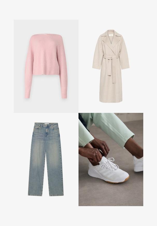 Beige wool blend coat with a notched collar, belted waist, and wide sleeves. Features a clean design and mid-length hem. Textured surface.; Soft pink knit sweater with long sleeves, a loose fit, and a slightly cropped hem against a plain white background.; Light blue high-waist straight-leg denim jeans with front pockets, belt loops, and visible button and zipper closure.; White athletic shoe with a mesh upper, rubber sole, and three stripe design. Laces are being adjusted; light gray and mint green clothing visible.
