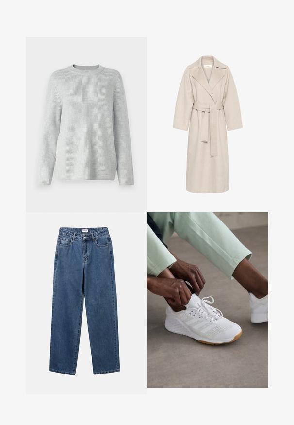 Beige Wollmischungsmantel mit Reverskragen, tailliertem Bund und weiten Ärmeln. Verfügt über ein schlichtes Design und einen mittellangen Saum. Texturierte Oberfläche.; Hellgrauer, gerippter Strickpullover mit Rundhalsausschnitt, langen Ärmeln und lässiger Passform. Die Textur wirkt weich und leicht elastisch.; Klassische blaue Denim-Jeans mit geradem Bein, fünf Taschen und Knopfverschluss. Sie verfügen über eine mittelblau gewaschene Optik und sind aus robuster Textur.; Weißer Sportschuh mit einem Mesh-Obermaterial, Gummisohle und einem Design mit drei Streifen. Die Schnürsenkel werden ajustiert; hellgraue und mintgrüne Kleidung ist sichtbar.