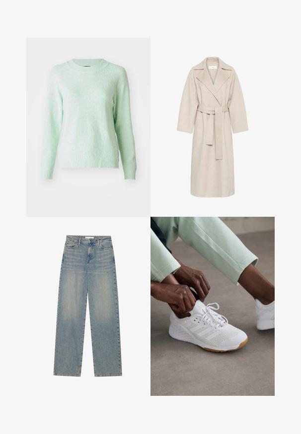 Beige Wollmischungsmantel mit Reverskragen, tailliertem Bund und weiten Ärmeln. Verfügt über ein schlichtes Design und einen mittellangen Saum. Texturierte Oberfläche.; Hellgrüner, langärmeliger Pullover mit rundem Halsausschnitt. Weiche Textur mit gerippten Bündchen und Saum. Schlichtes Design, ohne Muster oder Verzierungen.; Helle blaue, hochgeschnittene, gerade geschnittene Jeans aus Denim mit Fronttaschen, Gürtelschlaufen sowie sichtbarem Knopf- und Reißverschluss.; Weißer Sportschuh mit einem Mesh-Obermaterial, Gummisohle und einem Design mit drei Streifen. Die Schnürsenkel werden ajustiert; hellgraue und mintgrüne Kleidung ist sichtbar.