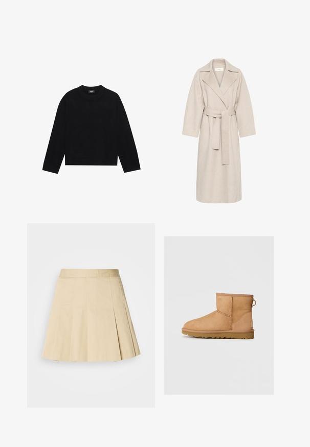 Beige villasegust coat, millel on sälgkurg, vöökohaga ja laiad varrukad. Omab puhtat disaini ja keskmise pikkusega äärt. Tekstuuritud pind.; Must have pikkade varrukatega must ümar kaelusega sviiter, millel on ribatud mansetid ja äär. Valmistatud pehmest materjalist. Lihtne, puhas disain ilma mustrite või aktsentideta.; Kerged seeliku helebeezist puuvillast, millel on vöökoht ja neli vertikaalset õmblust ees. Sääreosa on kerge voolavusega.; Taani nahast ankle-saapad ümarate varvastega, tikandi detailide ja tagumise tõmbluku kohta, tekstuuriga kummist tallaga. Kujundatud mugavuseks ja soojuseks.