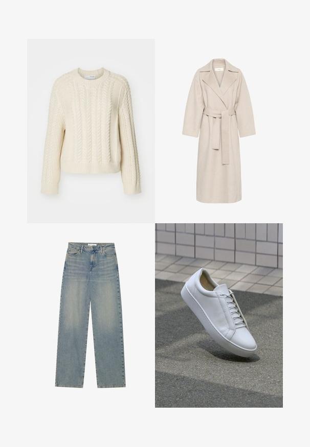 Beige gyapjú keverék kabát, kitüntetett gallérral, övvel ellátott derékkal és széles ujjakkal. Tiszta dizájn és közepes hosszúságú szegély jellemzi. Texturált felület.; Krém színű, kábelmintás pulóver, kerek nyakkivágással, hosszú ujjakkal, bordás mandzsettával és alsó szegéllyel, amely texturált mintákkal díszített a testen.; Világoskék, magas derekú, egyenes szárú denim farmernadrág elülső zsebekkel, övhurkokkal, valamint látható gomb- és cipzárzárral.; Fehér bőr sportcipő kerek orral, lapos talppal és hat pár fűzőlyukkal. Simább textúra és minimalista dizájn varrási részletekkel.