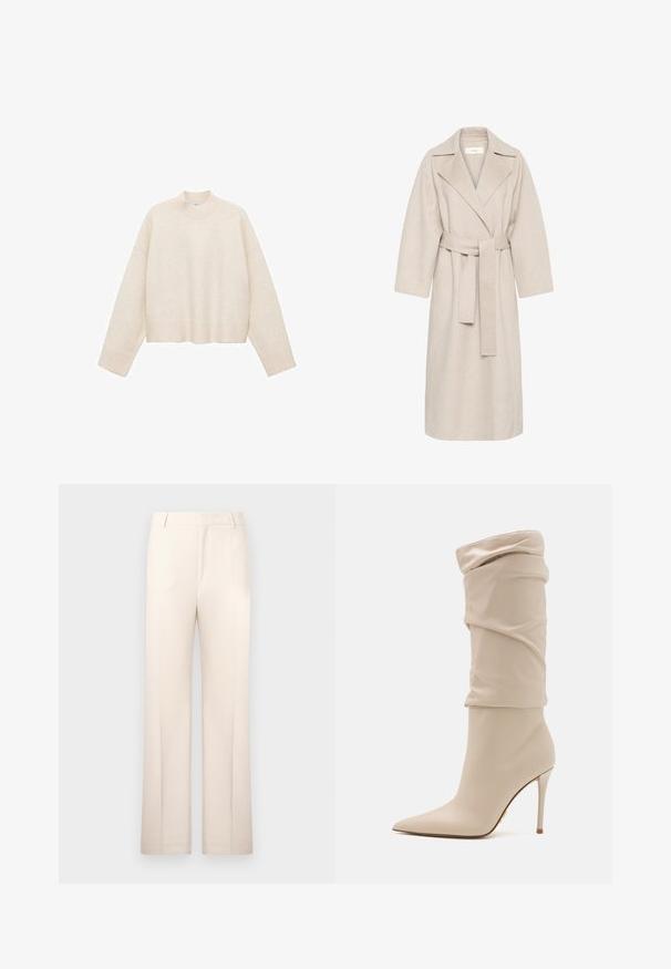 Cappotto in misto lana beige con colletto a revers, vita segnato da una cintura e maniche ampie. Presenta un design pulito e orlo di lunghezza media. Superficie texturizzata.; Pullover crema realizzato in un tessuto morbido, con collo alto, spalle scese e un design cropped con orli a coste.; Pantaloni beige su misura con design a gamba dritta, realizzati in tessuto leggero. Presentano pieghe frontali e una cintura classica.; Stivaletto beige con tacco alto, realizzato in pelle liscia, dal design morbido, punta affusolata e sottile tacco a stiletto. Dettaglio dorato sul retro.