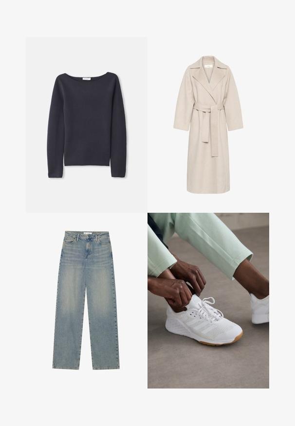 Palton bej dintr-un amestec de lână, cu guler tăiat, talie accentuată prin curea și mâneci largi. Are un design curat și o lungime medie. Suprafață texturată.; Pulover marin cu mânecă lungă, cu un decolteu larg, textură moale și croială lejeră. Prezentă cusături minime și fără închizători vizibile.; Jeans din denim de culoare albastru deschis, cu talie înaltă și croială dreaptă, cu buzunare frontale, bucle pentru curea și închidere vizibilă cu nasture și fermoar.; Pantofii sport albi, cu un superior din plasă, talpă din cauciuc și un design cu trei dungi. Șireturile sunt ajustate; hainele de culoare gri deschis și verde mentă sunt vizibile.