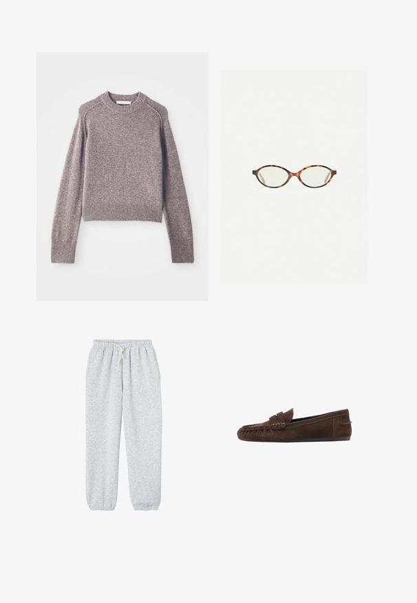Beige wool blend coat with a notched collar, belted waist, and wide sleeves. Features a clean design and mid-length hem. Textured surface.; Light brown knitted sweater with long sleeves, ribbed cuffs and hem, and a round neckline.; Gray sweatpants made of soft fabric, featuring an elastic waistband with a drawstring, and elastic cuffs at the ankles.; Brown suede loafers with a textured upper, featuring a braided accent and a flat sole, designed for casual comfort and ease of wear.; Tortoiseshell eyeglasses with oval lenses and a sleek, smooth finish. Features thin sides with a subtle curve at the temples. Clear lenses.