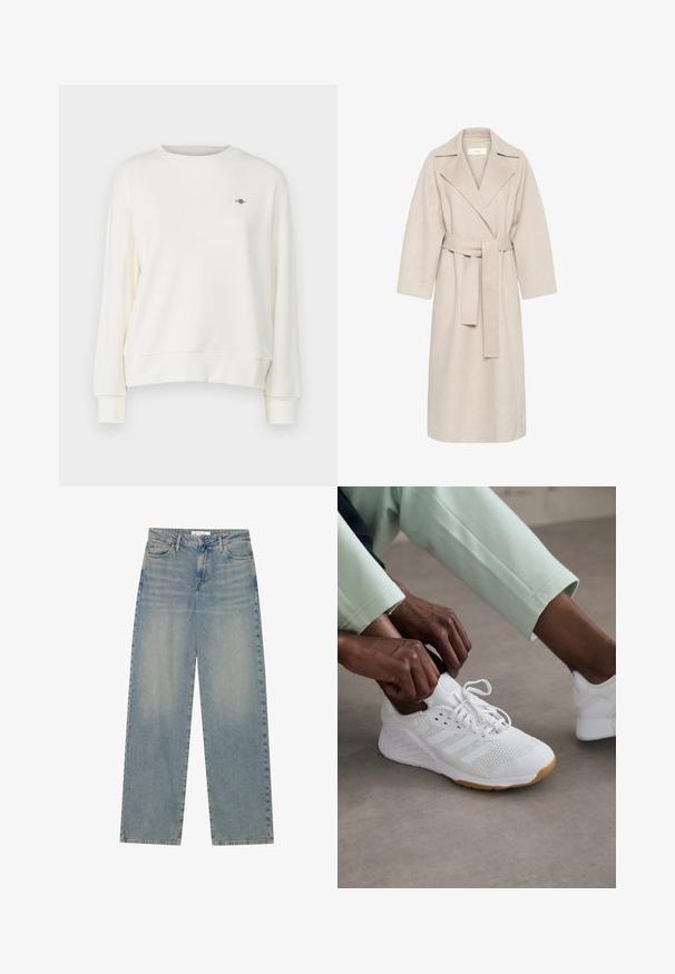 Beige wollen mengstof jas met een gekarteld kraag, een ceintuur in de taille en brede mouwen. Heeft een strak design en een middellange zoom. Gestructureerd oppervlak.; Pull-over sweatshirt in crème, met een ronde hals, lange mouwen en een subtiele logo-accent op de borst. Zachte, gladde stofstructuur.; Lichtblauwe high-waist spijkerbroek met rechte pijpen, voorzakken, riemlussen en zichtbare knoop- en ritssluiting.; Witte sportieve schoen met een mesh bovenkant, rubberen zool en een design met drie strepen. Veters worden versteld; lichtgrijze en mintgroene kleding zichtbaar.