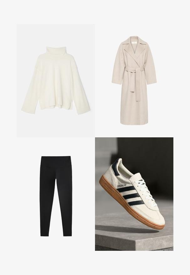 Beige wool blend coat with a notched collar, belted waist, and wide sleeves. Features a clean design and mid-length hem. Textured surface.; Light cream turtleneck sweater, oversized fit, ribbed texture, dropped shoulders, and wide sleeves, made from a soft knit fabric.; Black leggings made from stretchy fabric, featuring a high waistband and a smooth texture, designed for comfort and flexibility.; White suede sneaker with navy stripes, rubber gum sole, textured upper, round toe, and lacing; features branding on the side and tongue.
