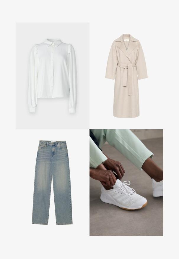 Beige wool blend coat with a notched collar, belted waist, and wide sleeves. Features a clean design and mid-length hem. Textured surface.; White long-sleeve button-up shirt with a collar, featuring ruffled accents on the shoulders and elastic cuffs. Soft, smooth fabric.; Light blue high-waist straight-leg denim jeans with front pockets, belt loops, and visible button and zipper closure.; White athletic shoe with a mesh upper, rubber sole, and three stripe design. Laces are being adjusted; light gray and mint green clothing visible.
